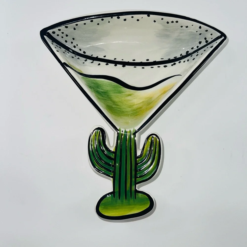 CLAY ART CERAMIC MARGARITA AND CACTUS GLASS SHAPED SERVING SALSA DIP BOWL